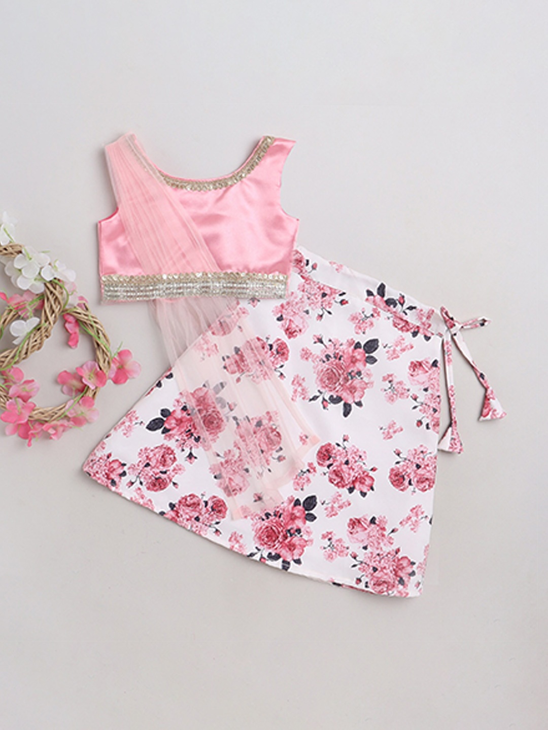 

MANY FROCKS & Girls Floral Printed Ready to Wear Lehenga Blouse With Dupatta, Pink