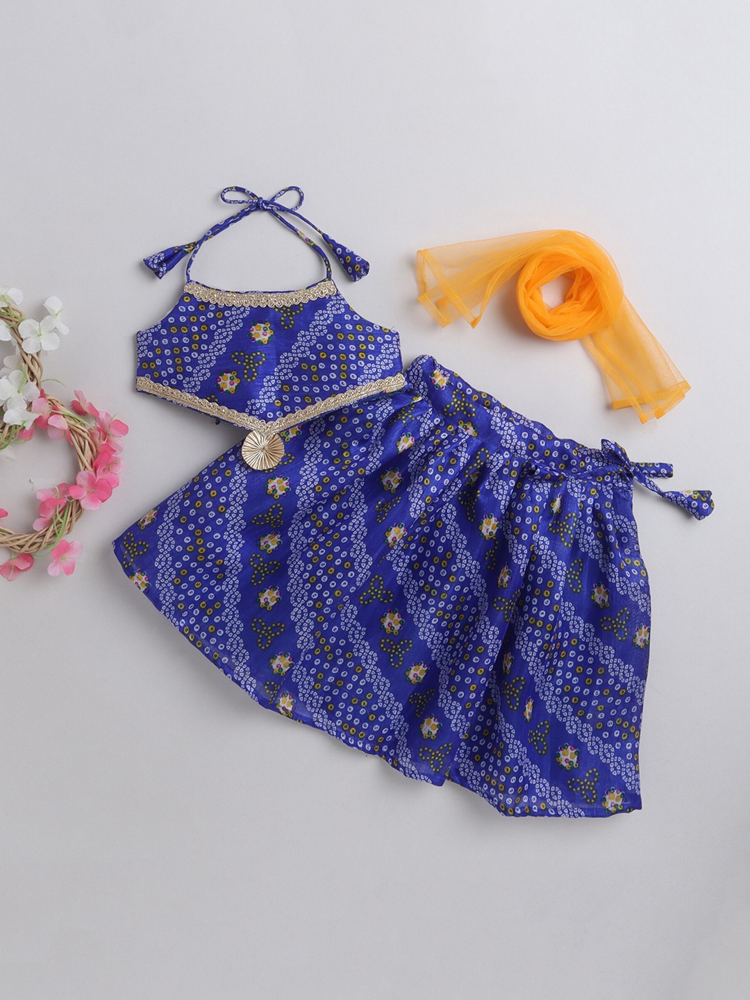

MANY FROCKS & Girls Printed Ready to Wear Lehenga Blouse With Dupatta, Blue