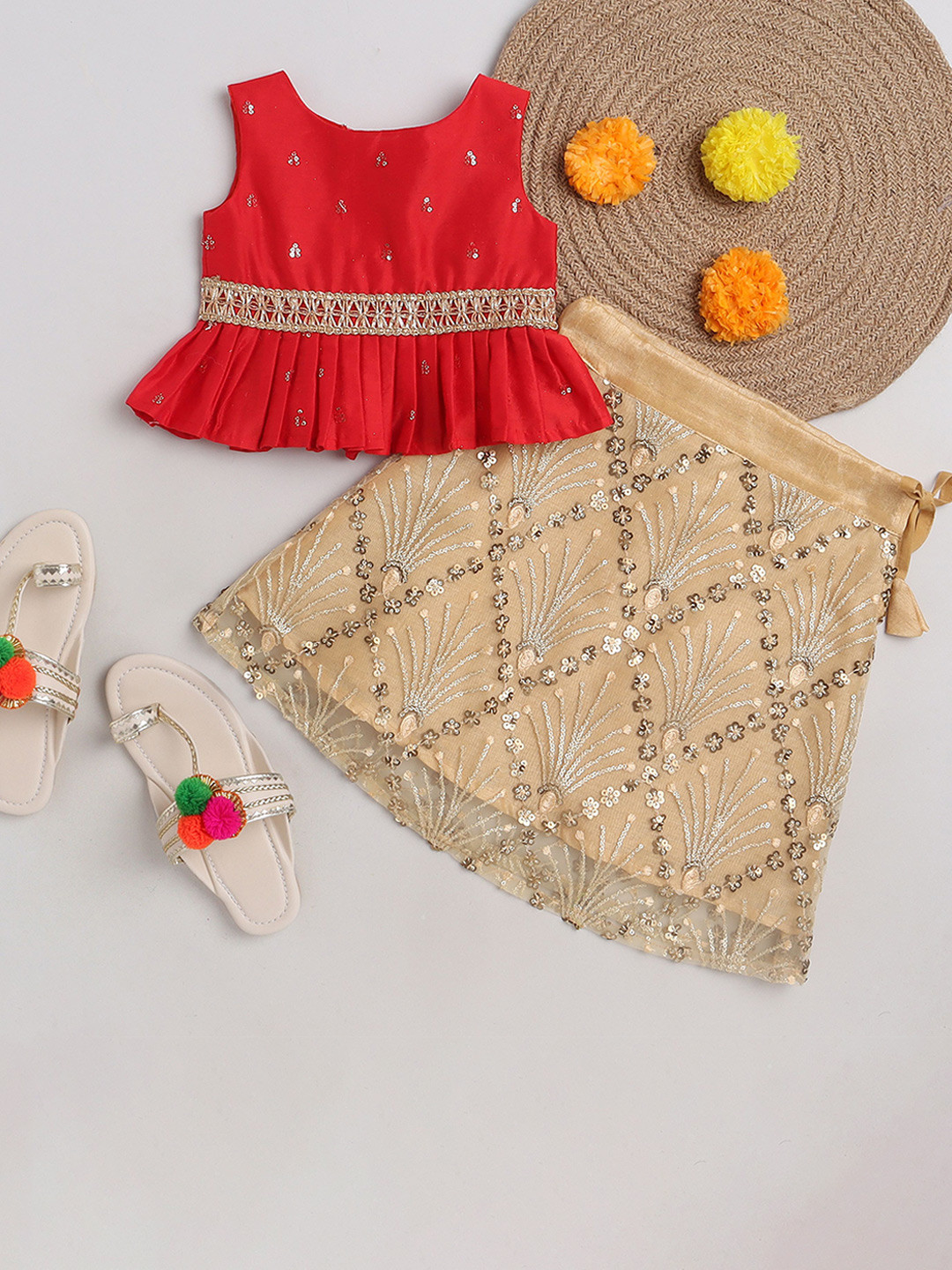 

MANY FROCKS & Girls Embroidered Sequinned Ready to Wear Lehenga, Beige