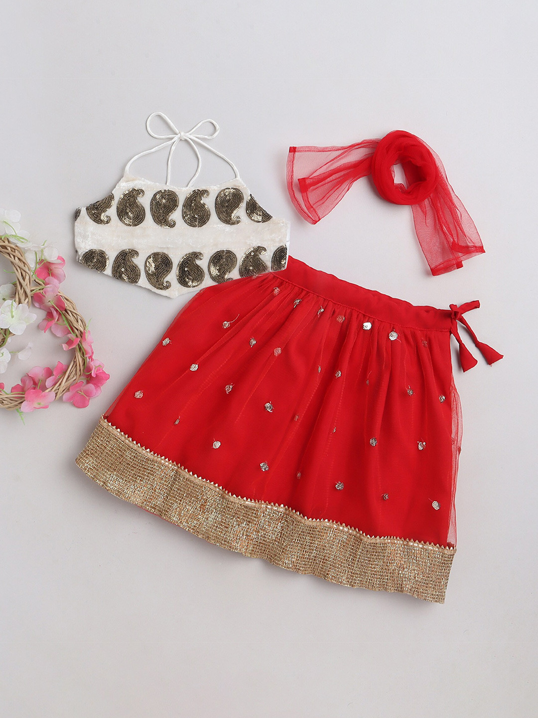 

MANY FROCKS & Girls Embellished Sequinned Ready to Wear Lehenga Blouse With Dupatta, Red