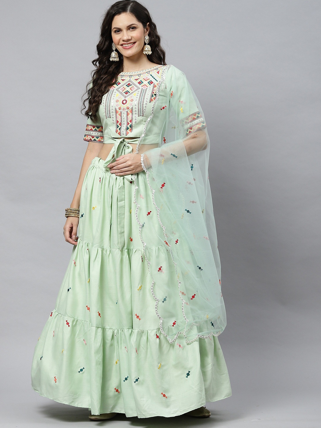 

Sangria Embroidered Semi-Stitched Lehenga & Unstitched Blouse With Dupatta, Green