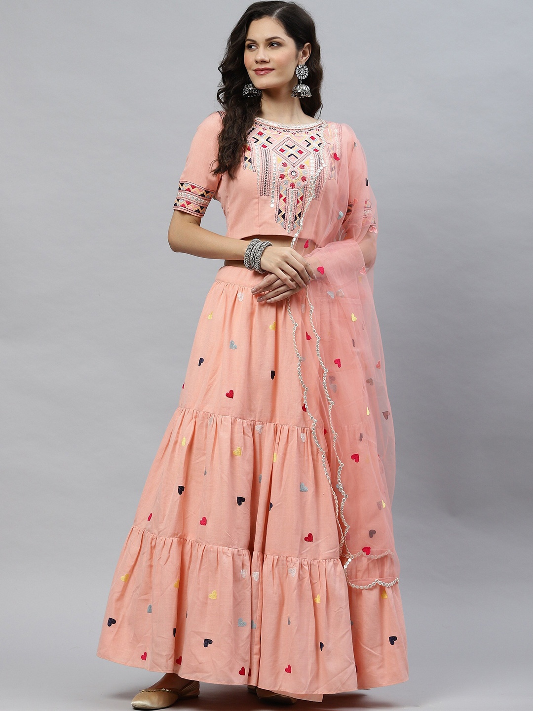 

Sangria Pink Embroidered Semi-Stitched Lehenga & Unstitched Blouse With Dupatta