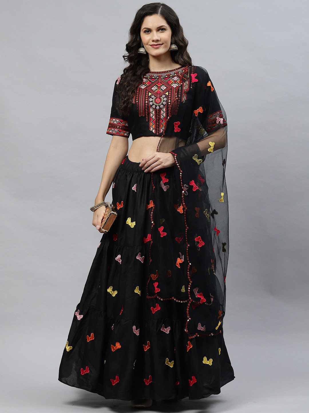 

Sangria Black Embroidered Semi-Stitched Lehenga & Unstitched Blouse With Dupatta