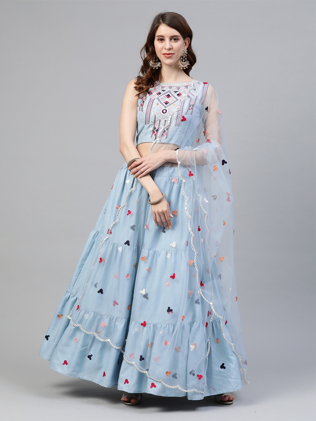 

Sangria Blue Embroidered Semi-Stitched Lehenga & Unstitched Blouse With Dupatta