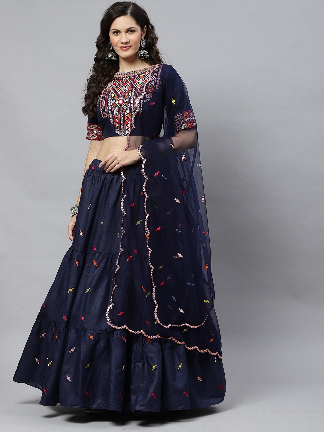 

Sangria Navy Blue Embroidered Semi-Stitched Lehenga & Unstitched Blouse With Dupatta