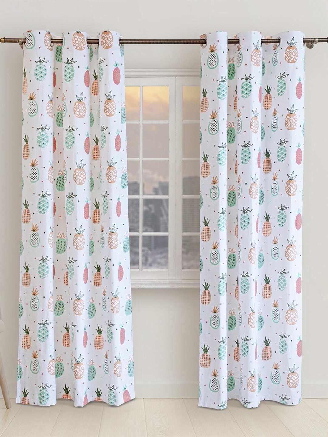 

HOMEMONDE White & Green 2-Pieces Quirky Room Darkening Door Curtains