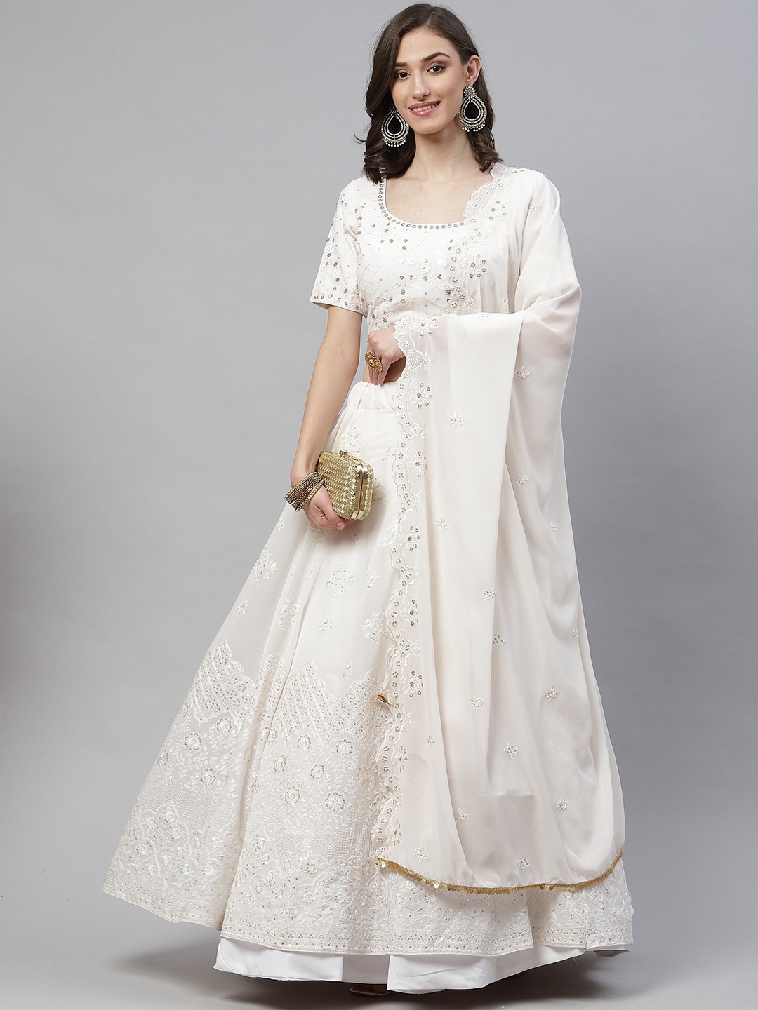 

Sangria White Embellished Semi-Stitched Lehenga & Unstitched Blouse With Dupatta