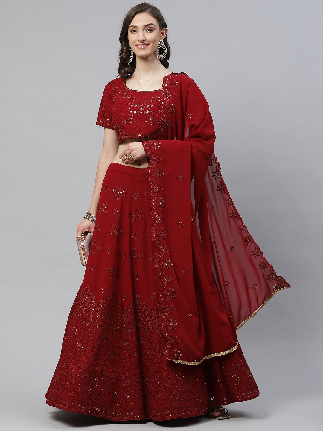 

Sangria Maroon Embellished Semi-Stitched Lehenga & Unstitched Blouse With Dupatta