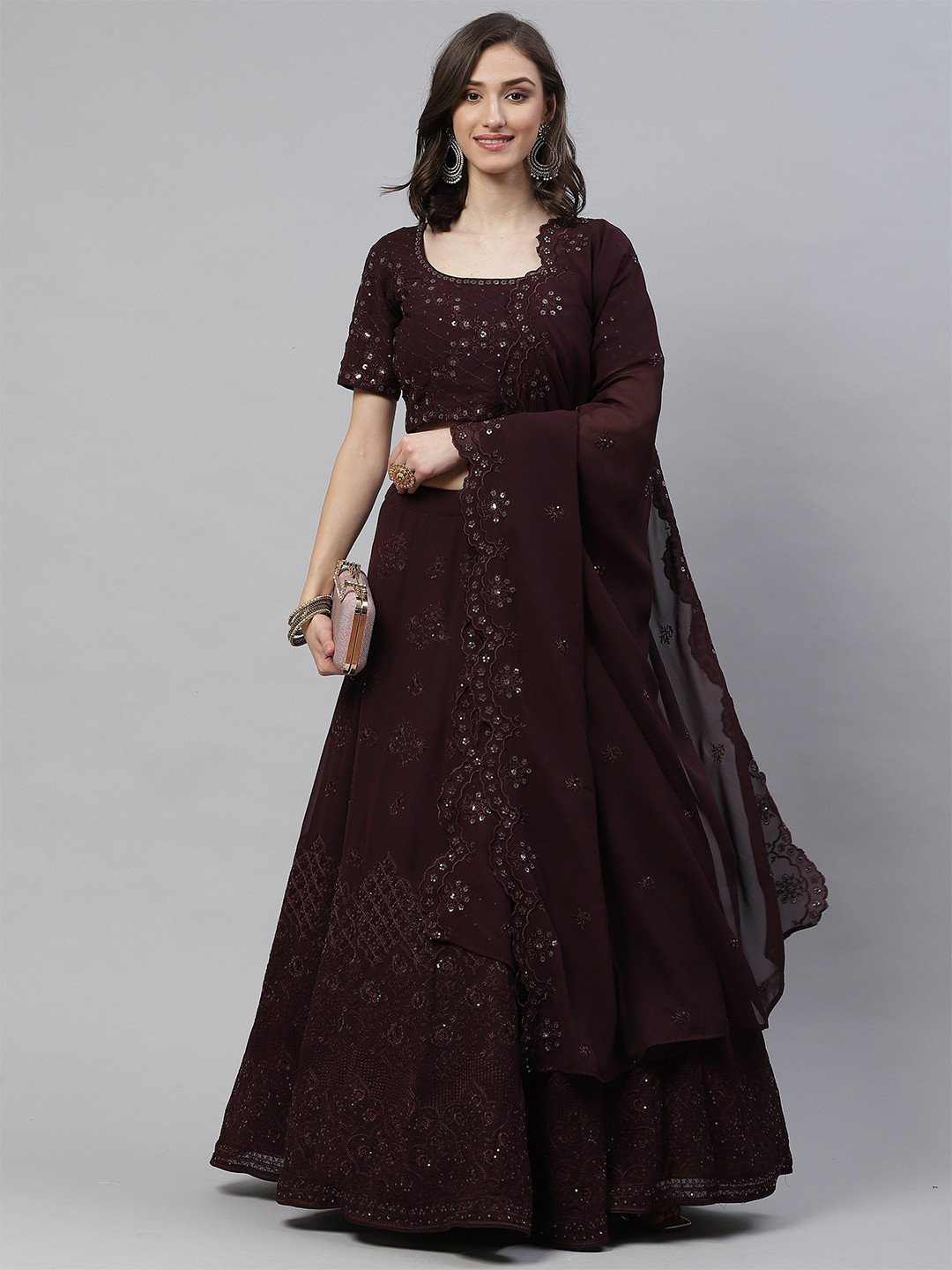 

Sangria Purple Embellished Semi-Stitched Lehenga & Unstitched Blouse With Dupatta