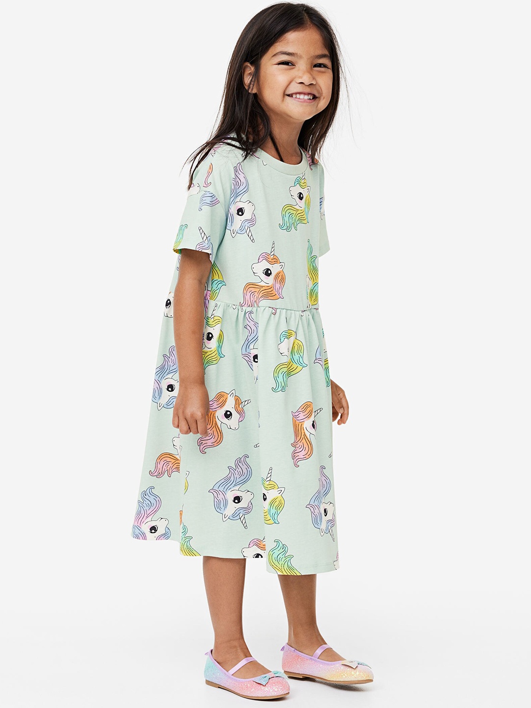 

H&M Girls Pure Cotton Patterned Jersey Dress, Sea green