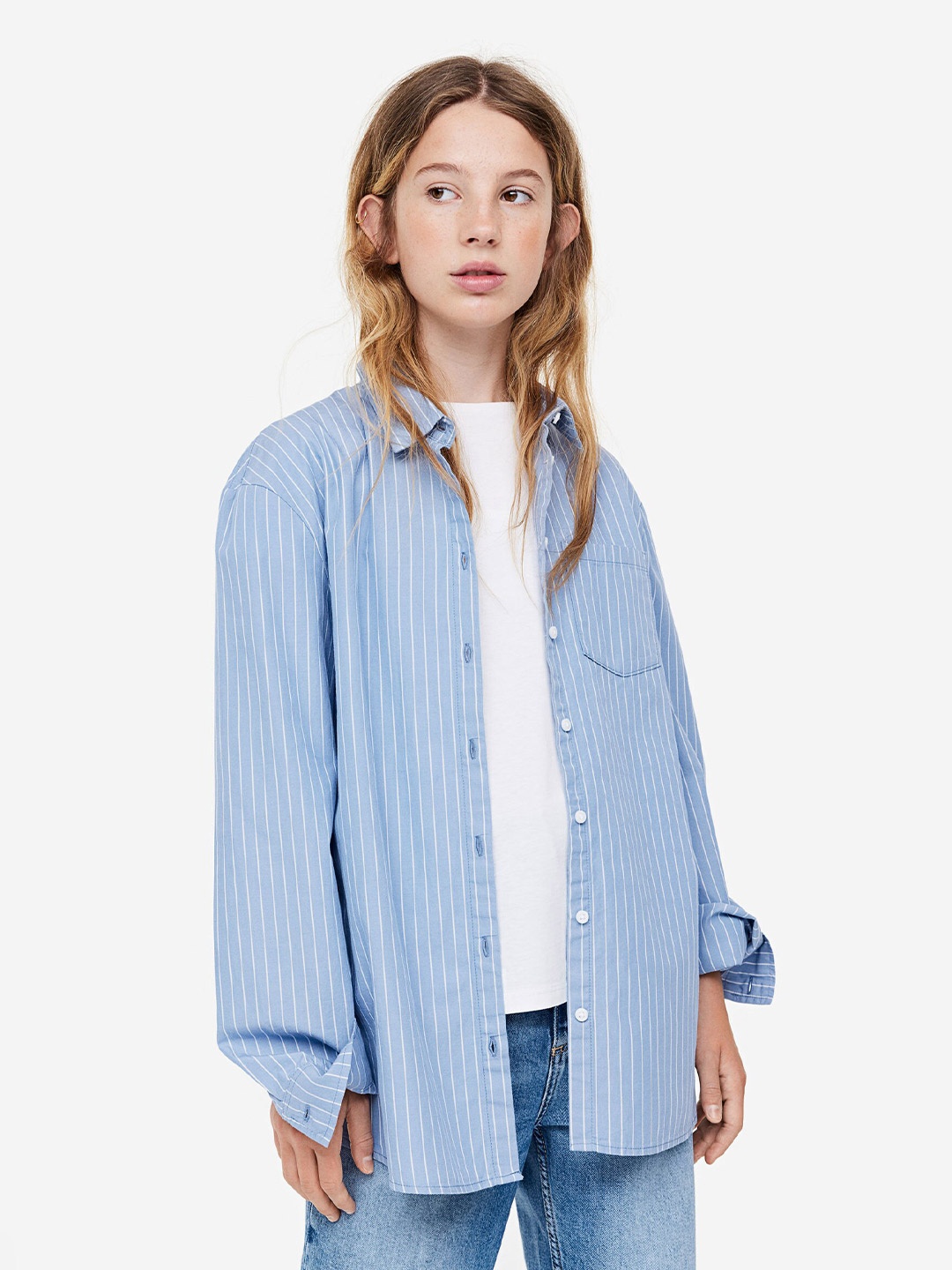 

H&M Girls Cotton Poplin Shirt, Blue