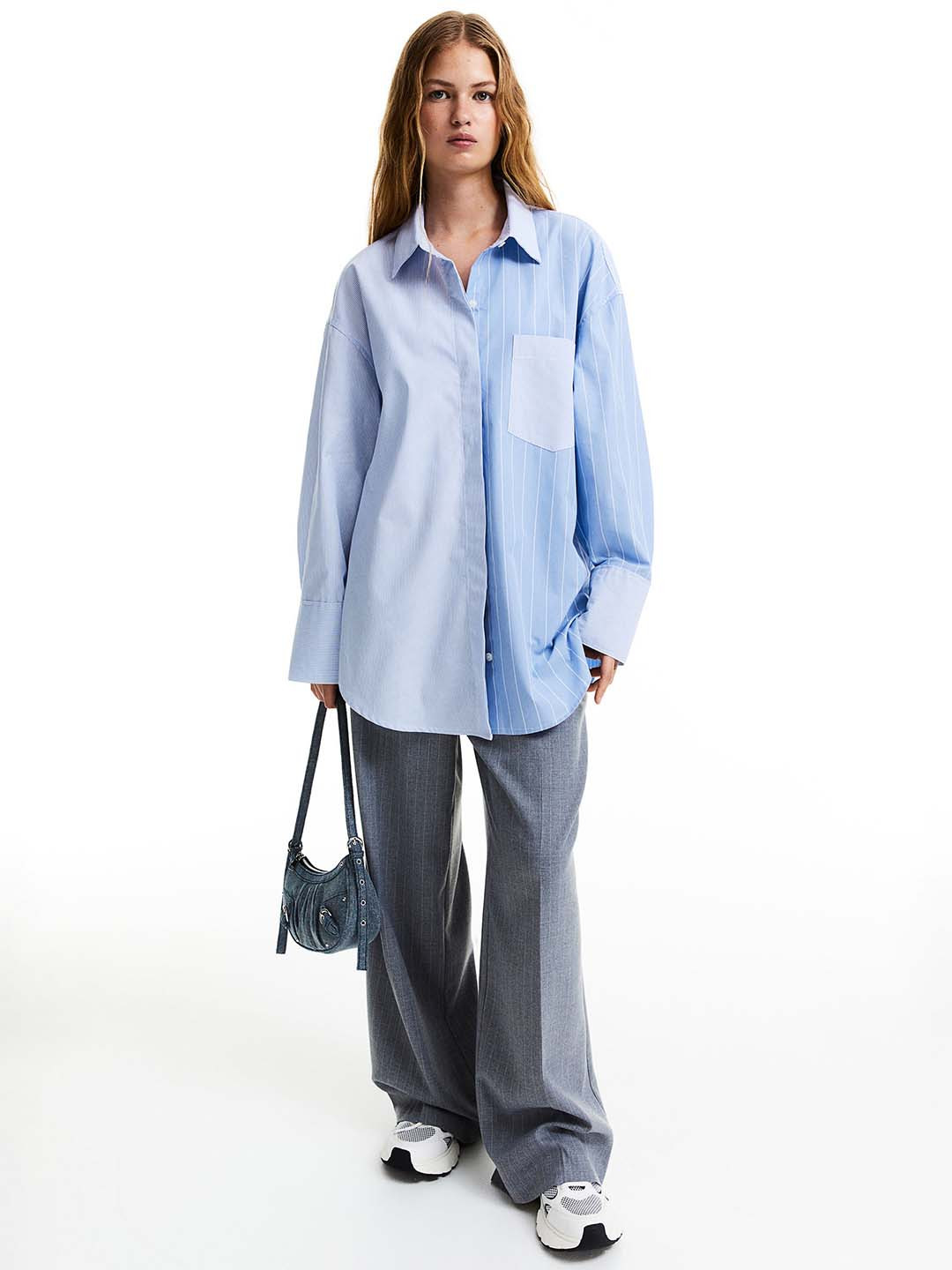 

H&M Pure Cotton Oversized Poplin Shirt, Blue