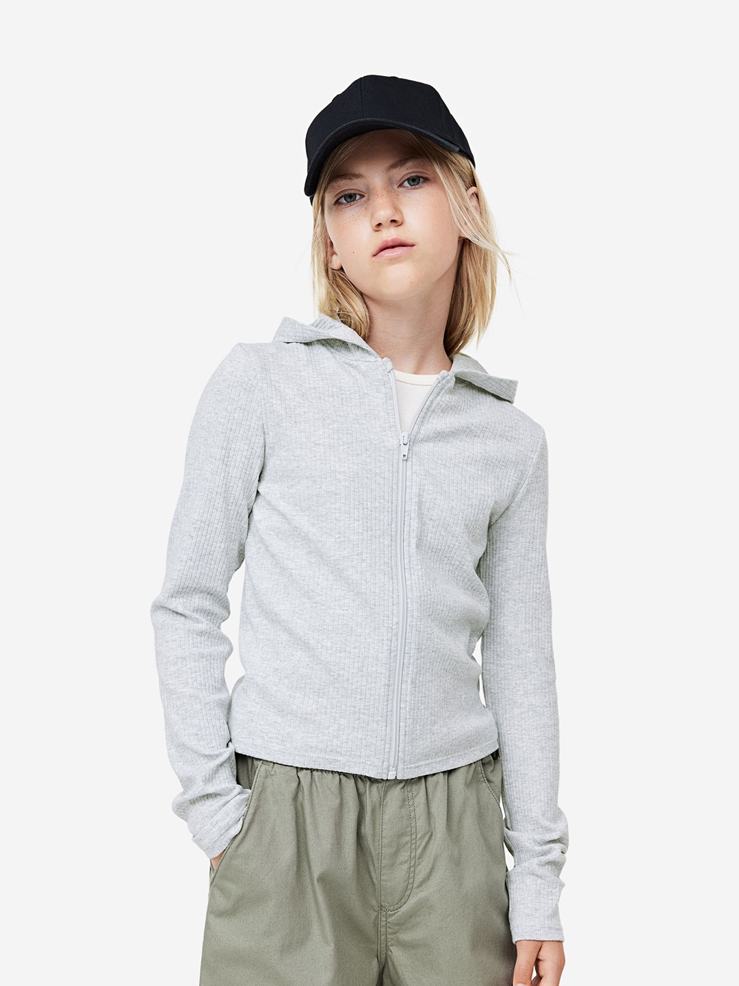 

H&M Girls Ribbed Zip-Through Hoodie, Grey