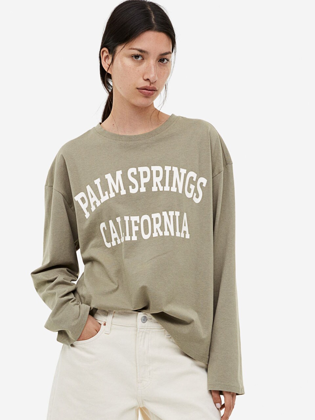 

H&M Pure Cotton Oversized Printed Top, Green