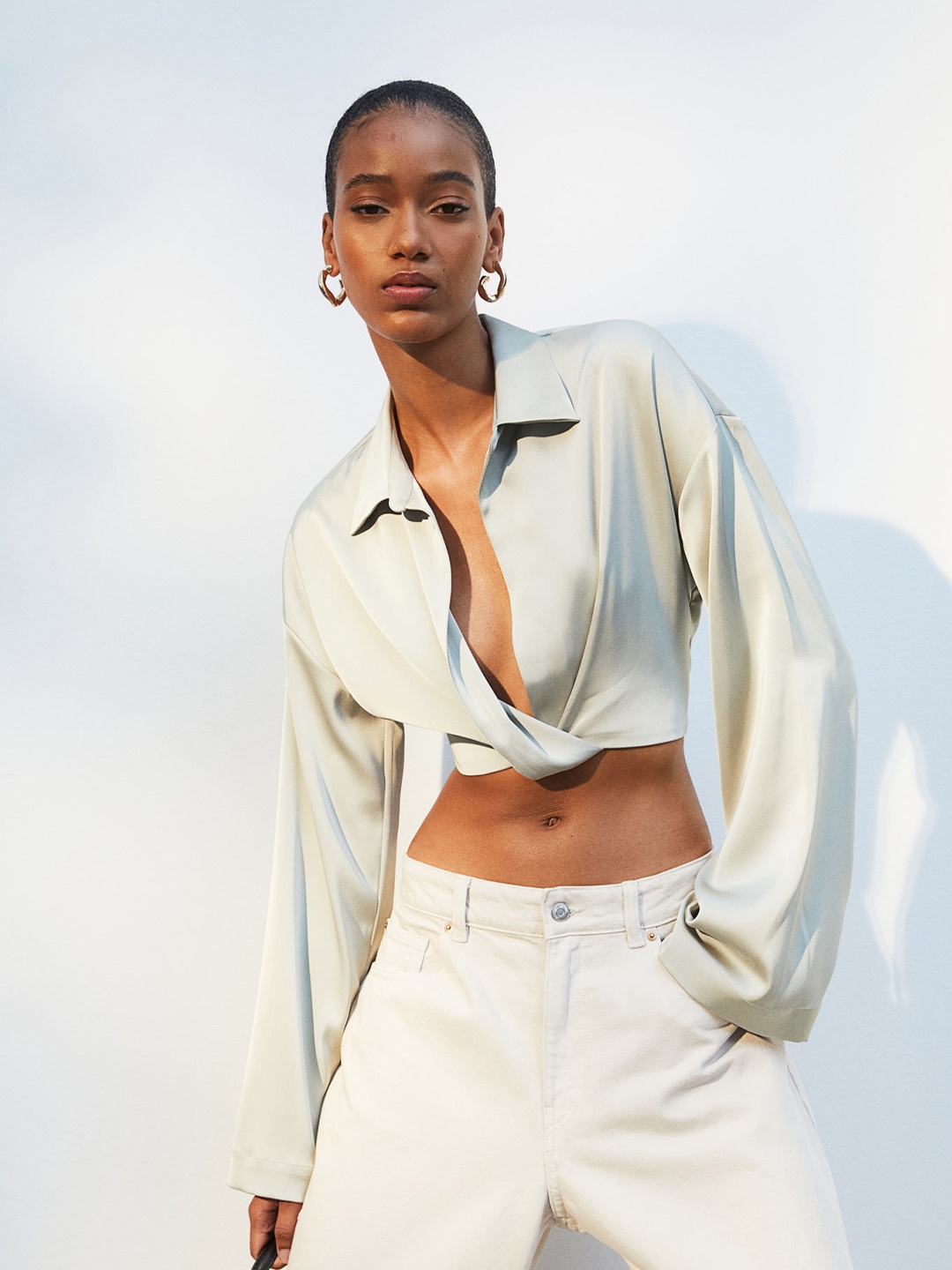 

H&M Cropped Satin Blouse, Sea green