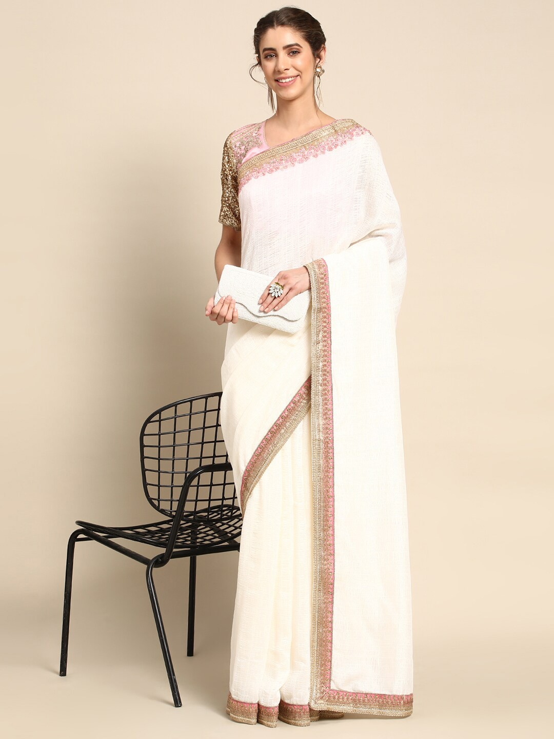 

all about you White & Pink Sequinned Pure Georgette Saree
