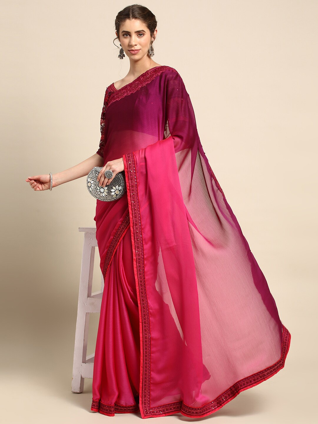 

all about you Purple & Pink Ombre Sequinned Pure Chiffon Saree