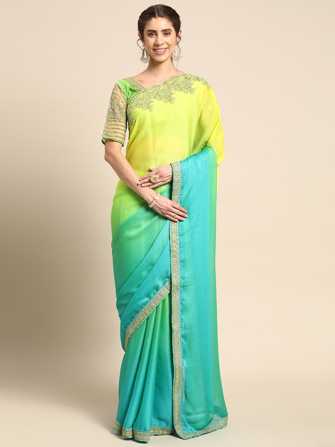 

all about you Sea Green & Blue Ombre Sequinned Pure Chiffon Saree