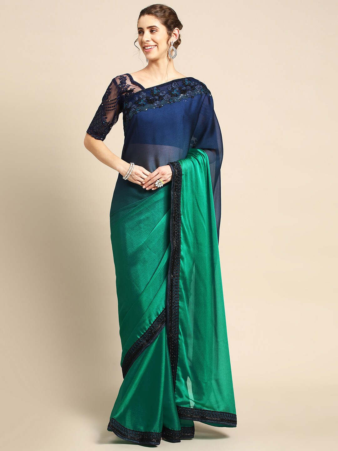 

all about you Blue & Green Sequinned Detail Pure Chiffon Saree