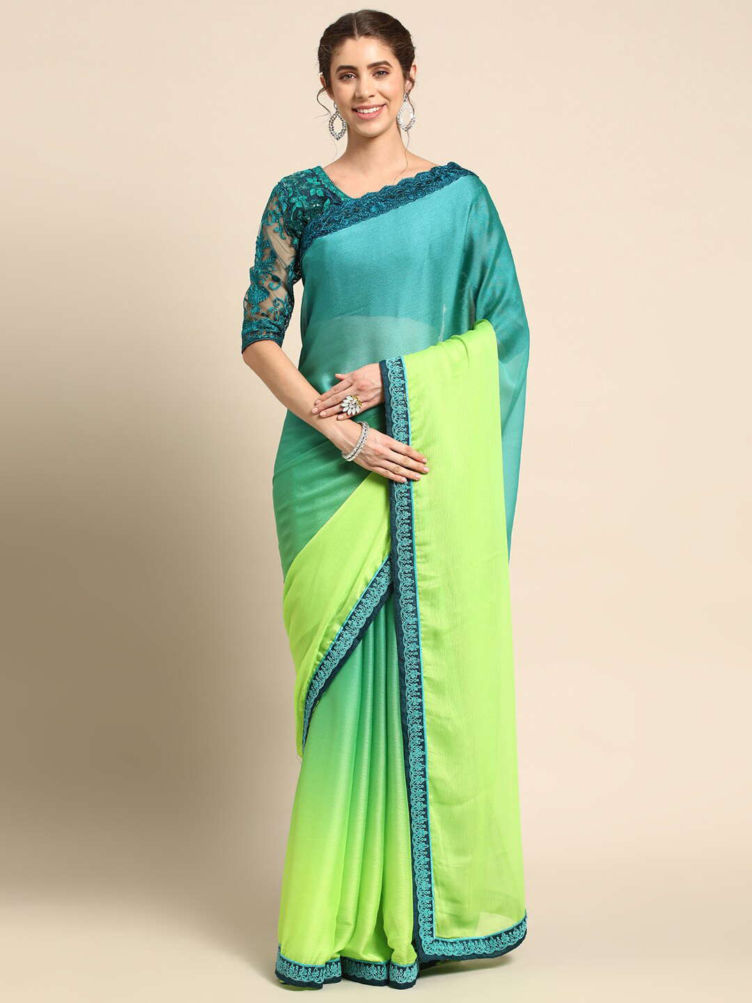 

all about you Green & Sea Green Ombre Sequinned Pure Chiffon Saree