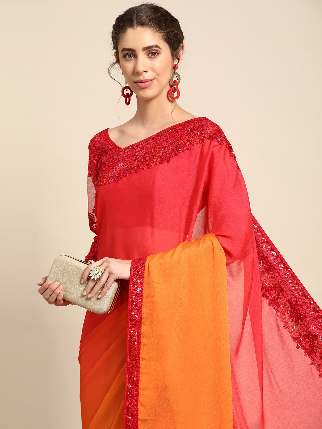 

all about you Orange & Red Ombre Sequinned Detail Pure Silk Saree
