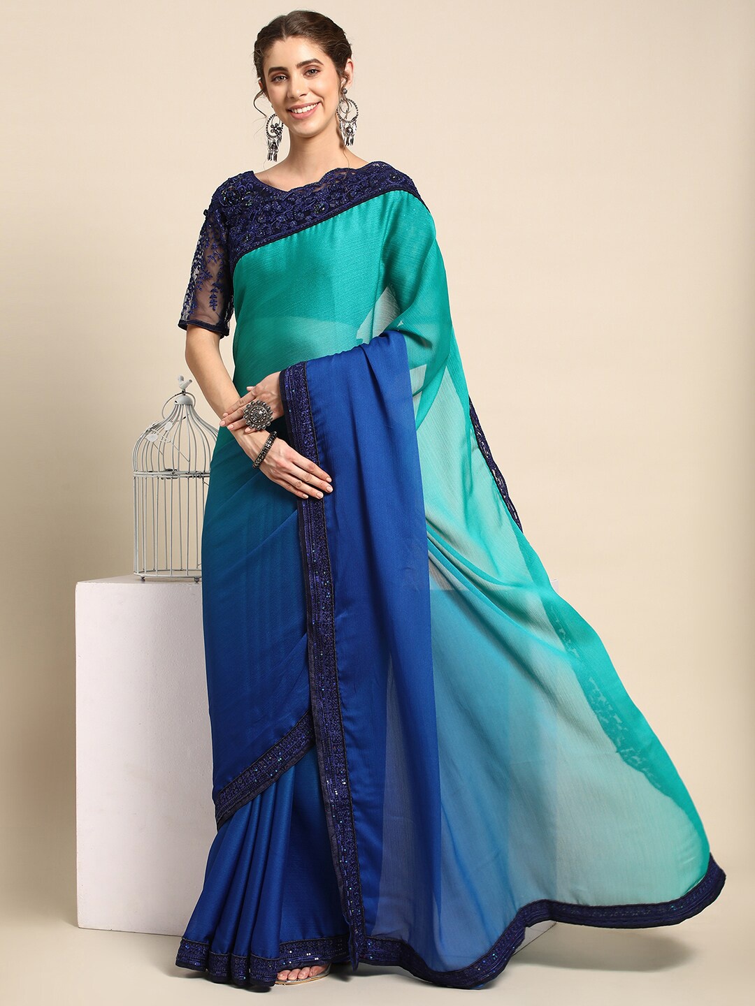 

all about you Green & Navy Blue Ombre Sequinned Pure Silk Saree