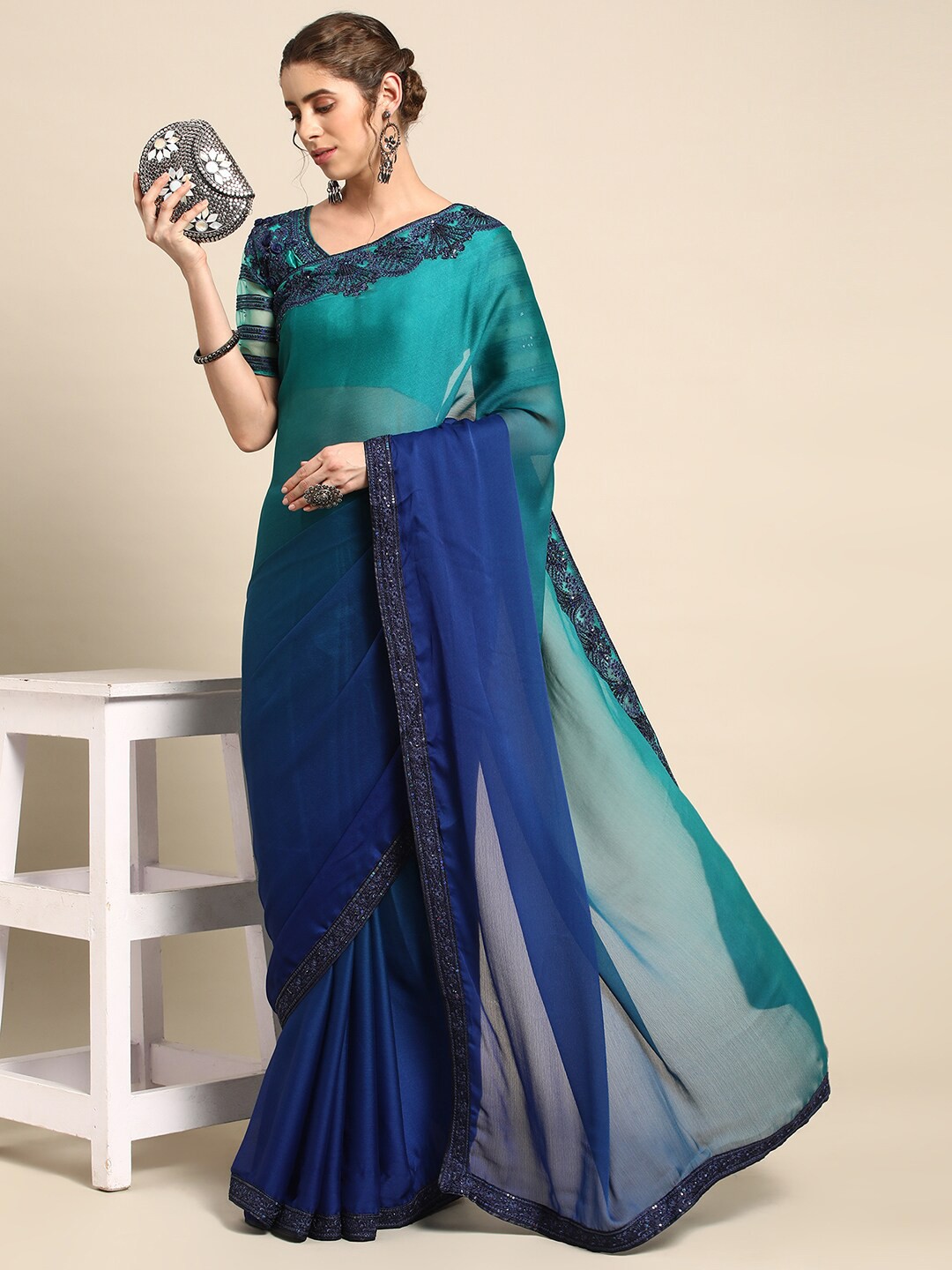 

all about you Blue & Green Sequinned Detail Pure Chiffon Saree