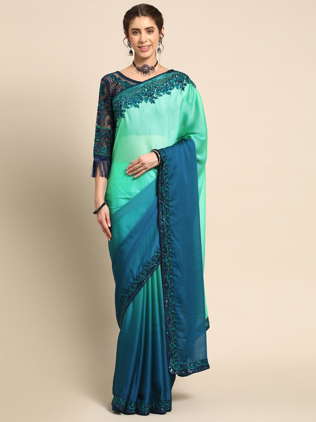 

all about you Sea Green & Blue Ombre Sequinned Detail Pure Silk Saree