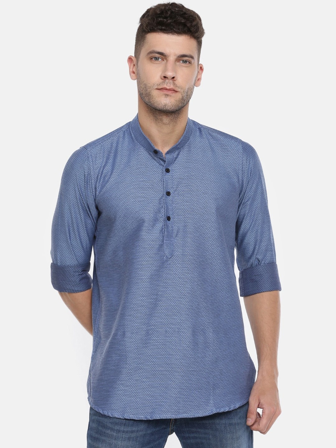 

Cross Court Geometric Woven Design Band Collar Cotton Kurta, Blue