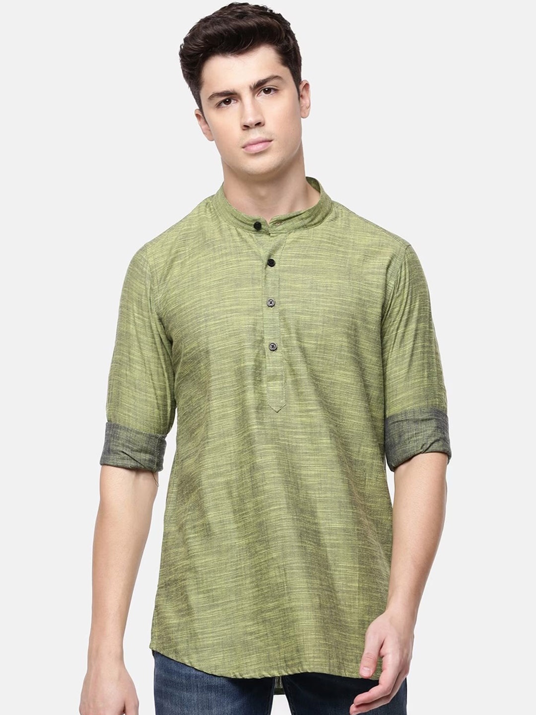 

Cross Court Band Collar Pure Cotton Kurta, Green
