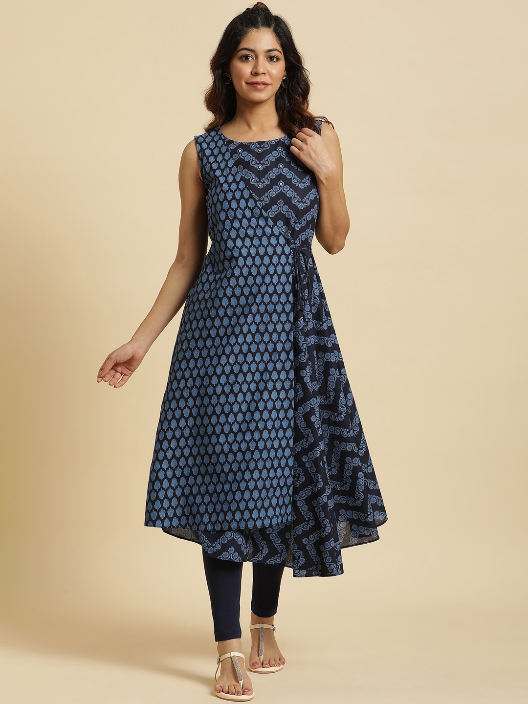 

W Blue Ethnic Motifs Printed Pure Cotton Anarkali Kurta