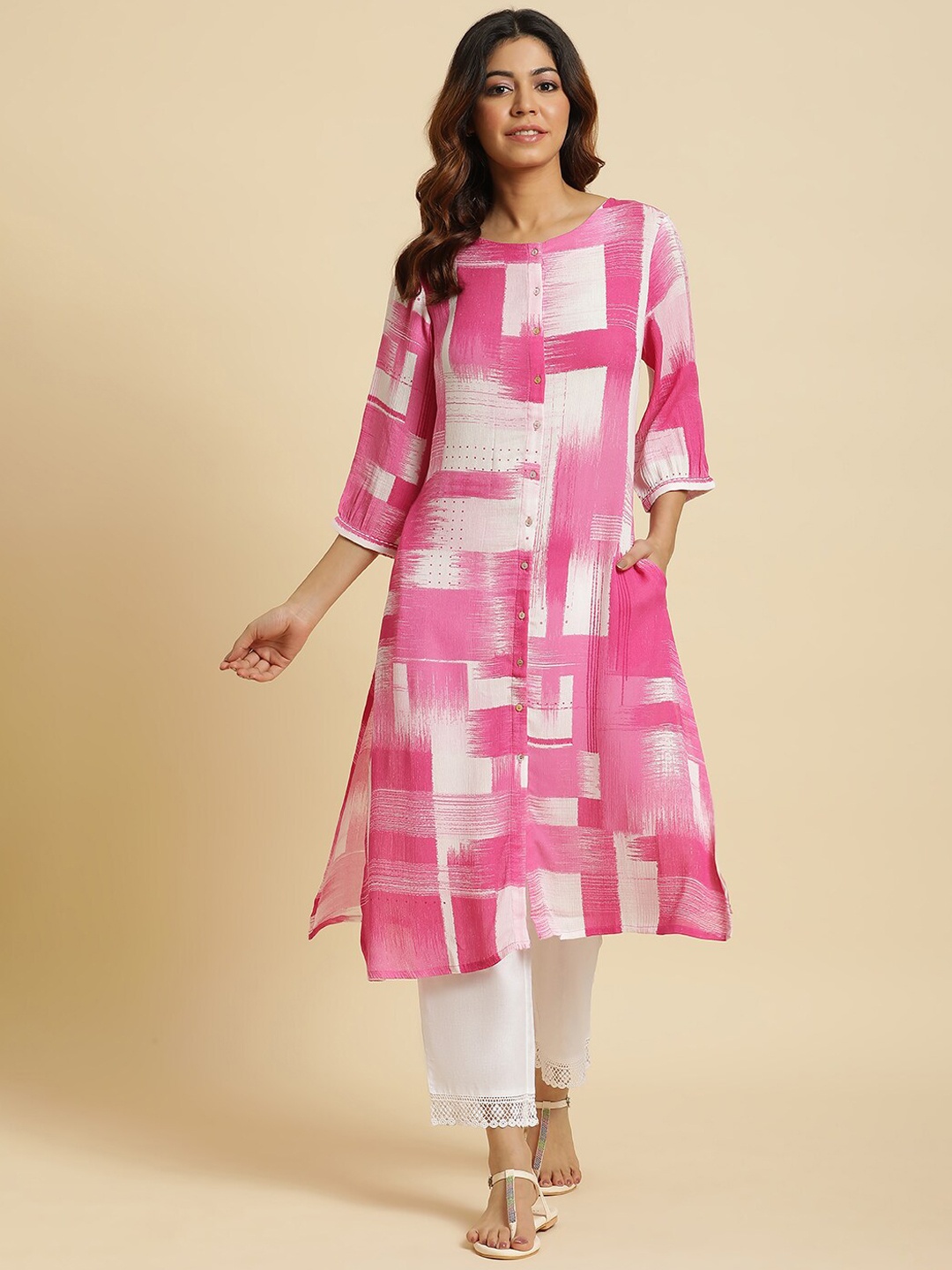 

W Pink & Beige Abstract Printed Round Neck A-Line Kurta