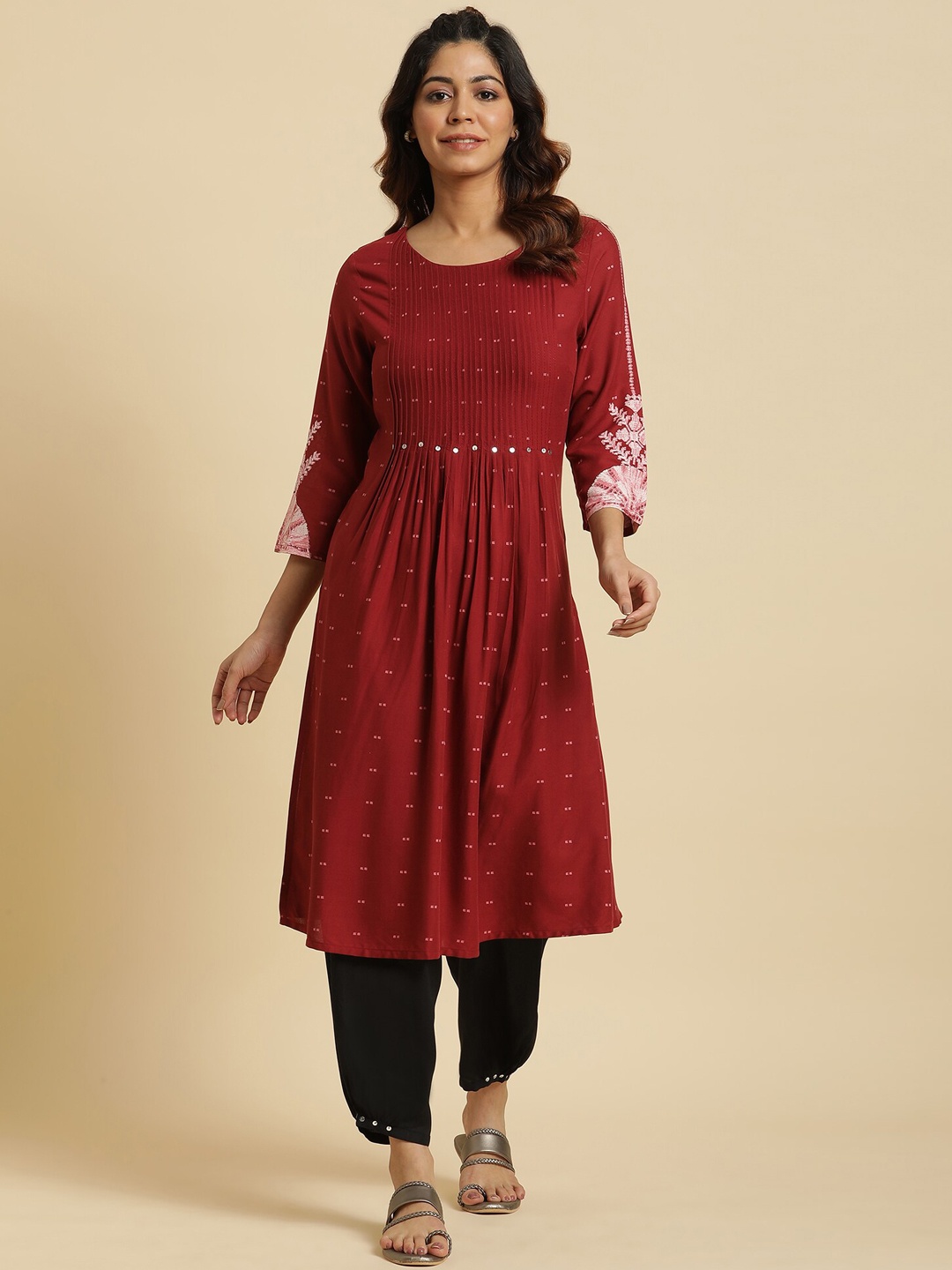 

W Maroon & Beige Geometric Woven Design Mirror Work A-Line Kurta