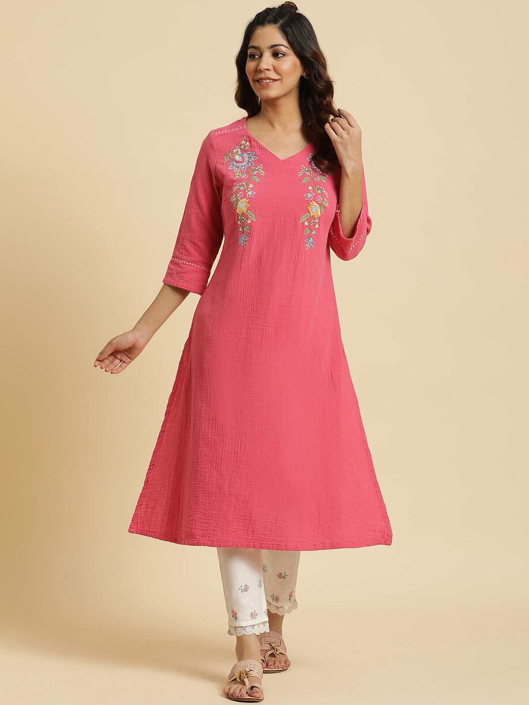 

W Women Floral Embroidered A-line Pure Cotton Kurta, Pink