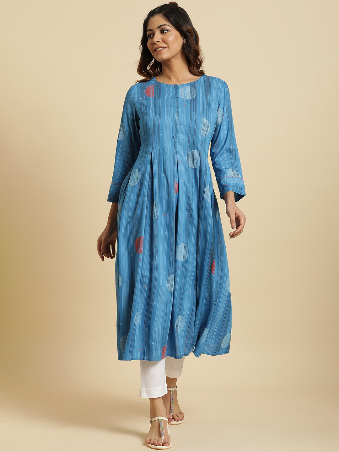 

W Polka Dots Printed Pleated Anarkali Kurta, Blue