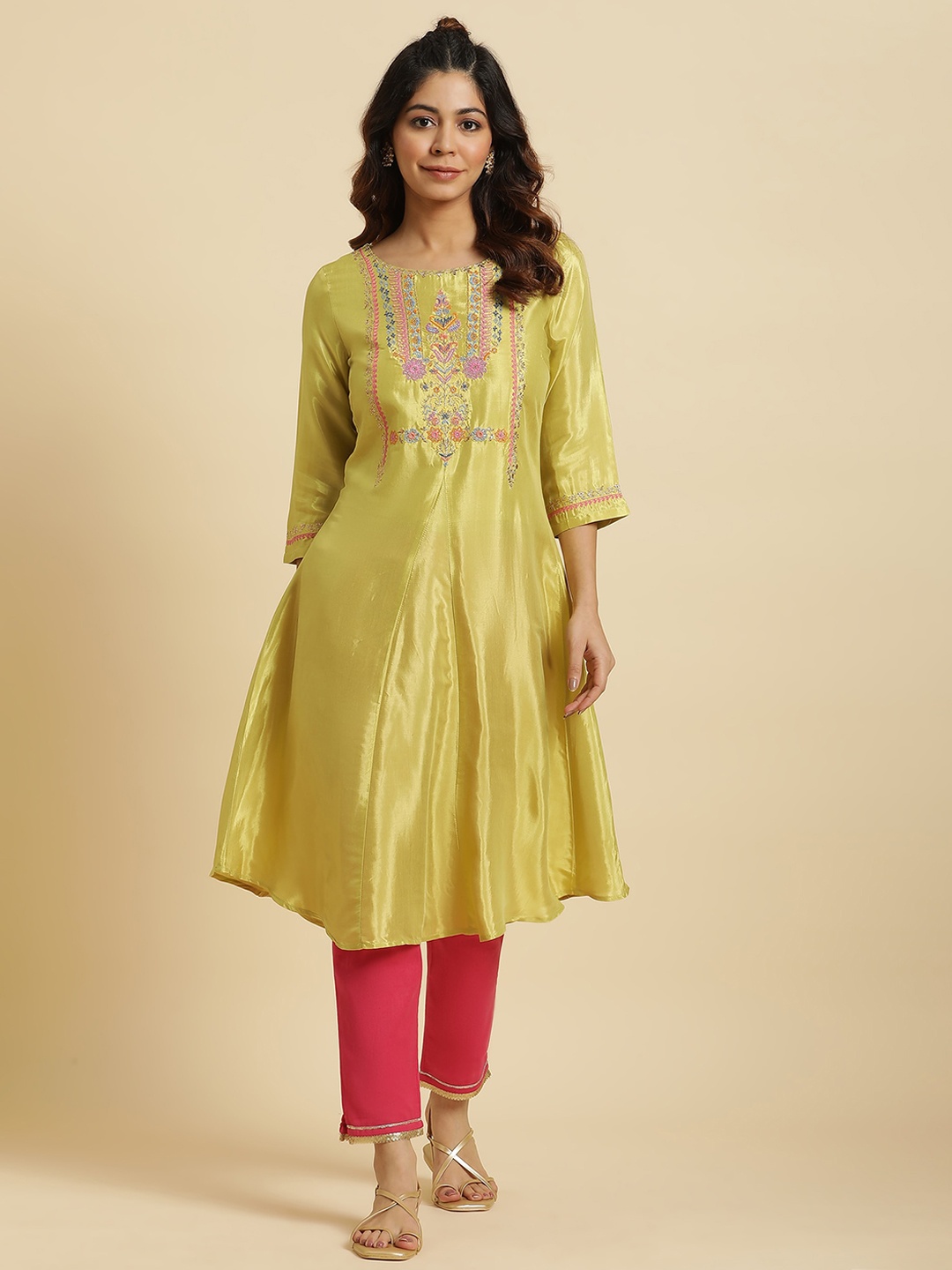 

W Ethnic Motifs Embroidered Sequinned A Line Kurta, Green