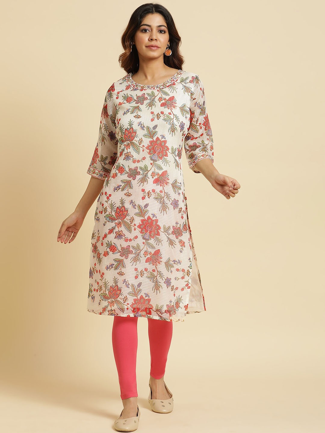 

W Women Floral Printed Straight Kurta, Off white
