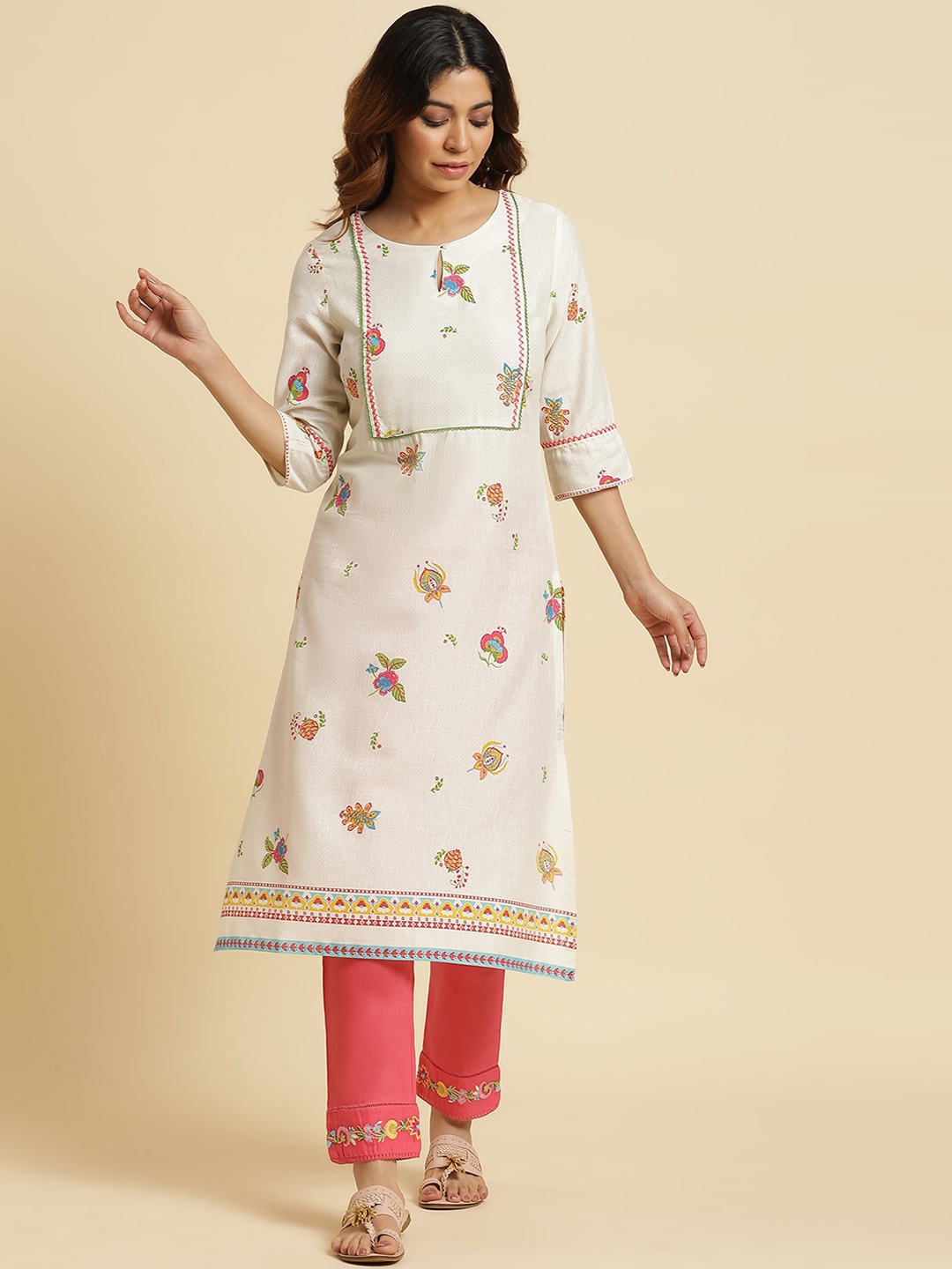 

W Floral Embroidered Round Neck Regular Kurta, White