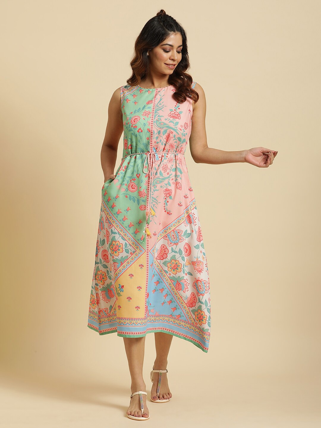 

W Peach-Coloured & Green Floral Printed A-Line Midi Dress