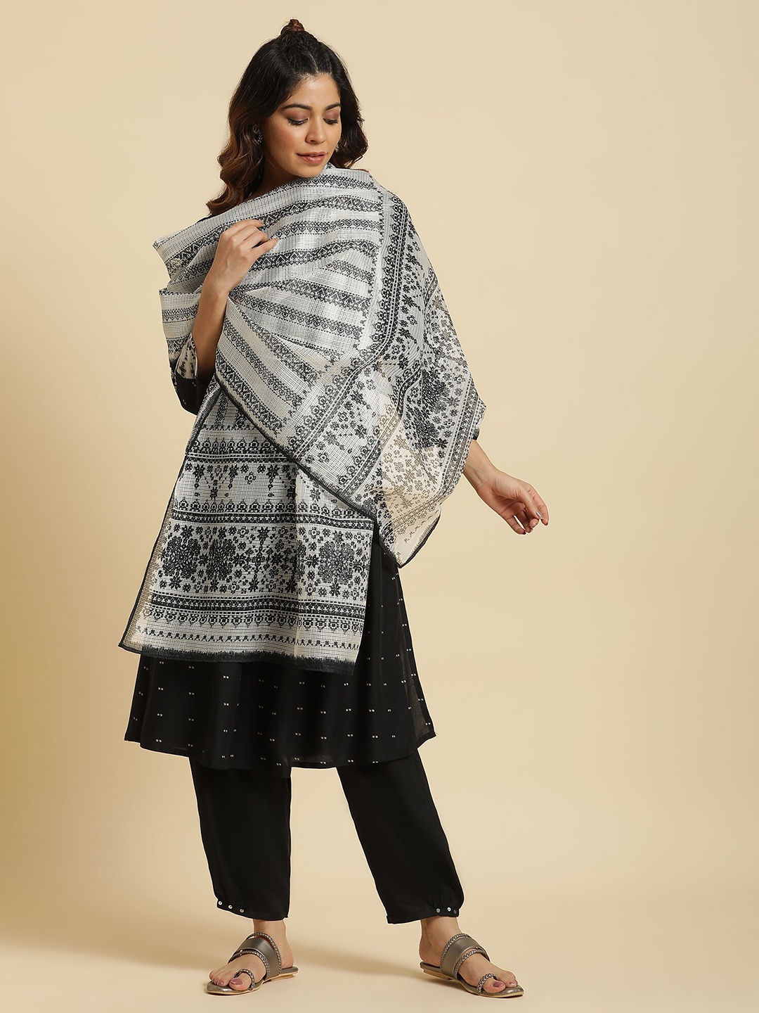

W Off Striped Kota Dupatta, Off white