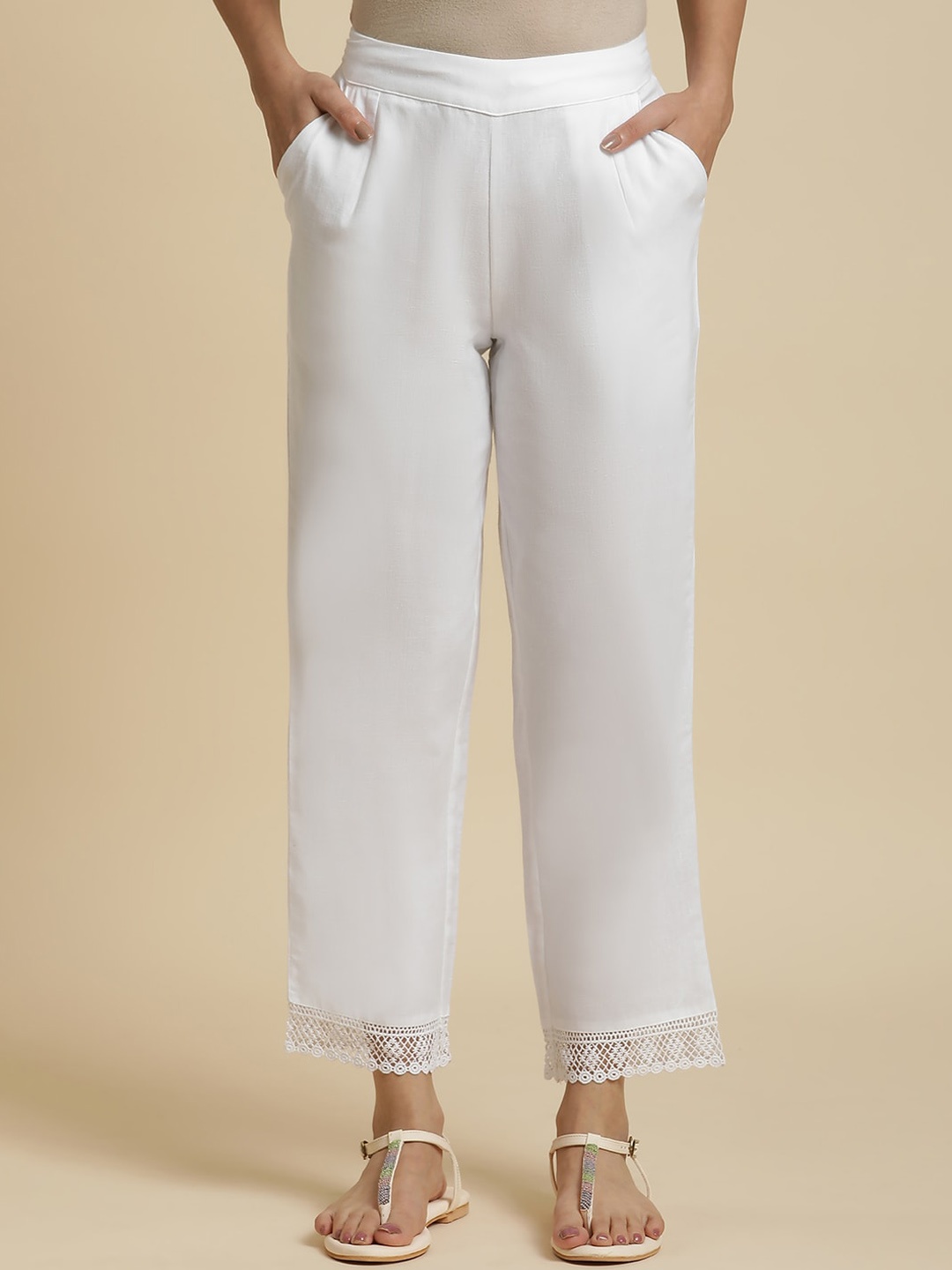 

W Plain Straight Fit Mid Rise Cotton Parallel Trousers, White