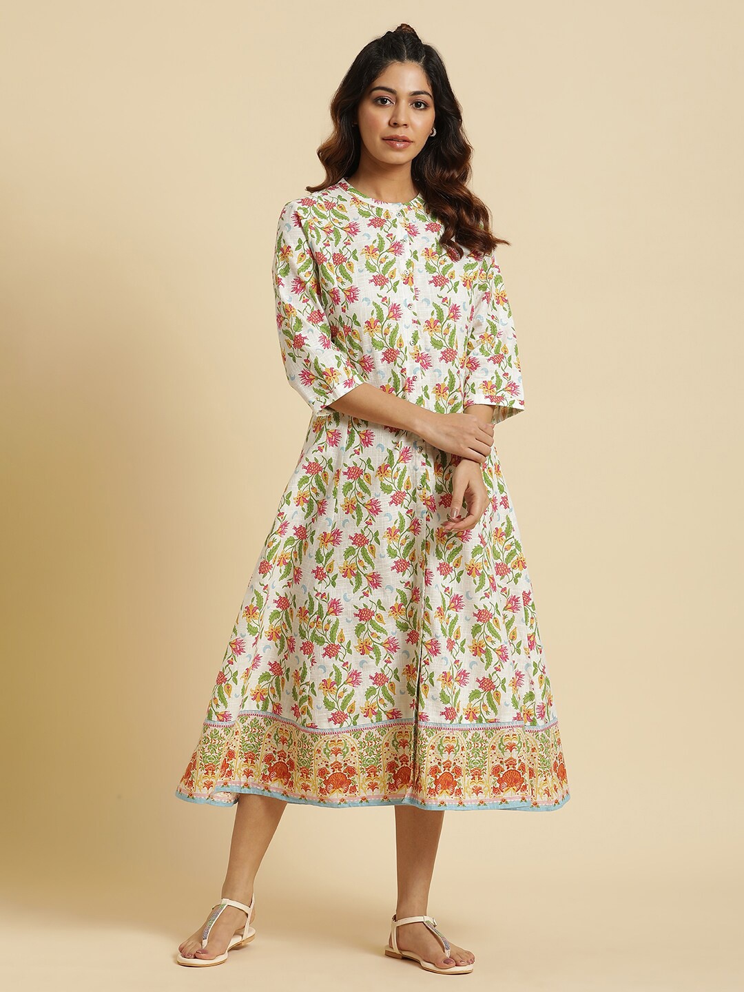 

W White Floral Printed Pure Cotton A-Line Midi Dress