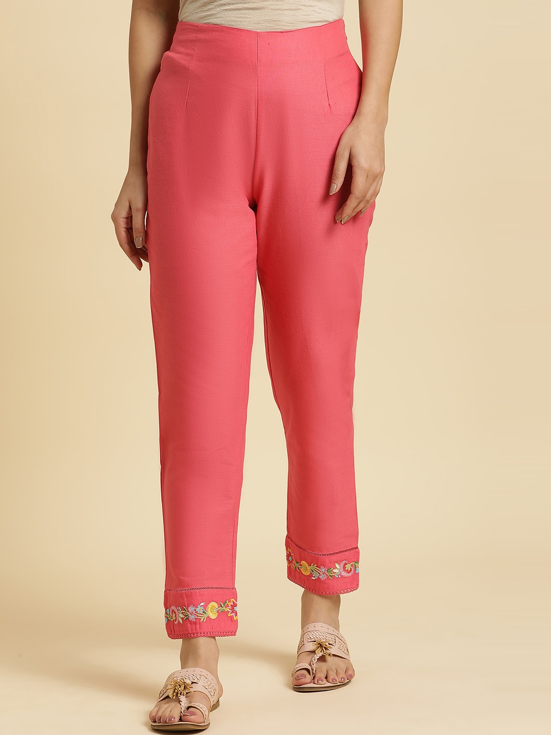 

W Floral Embroidered Straight Fit Mid Rise Cotton Parallel Trousers, Pink