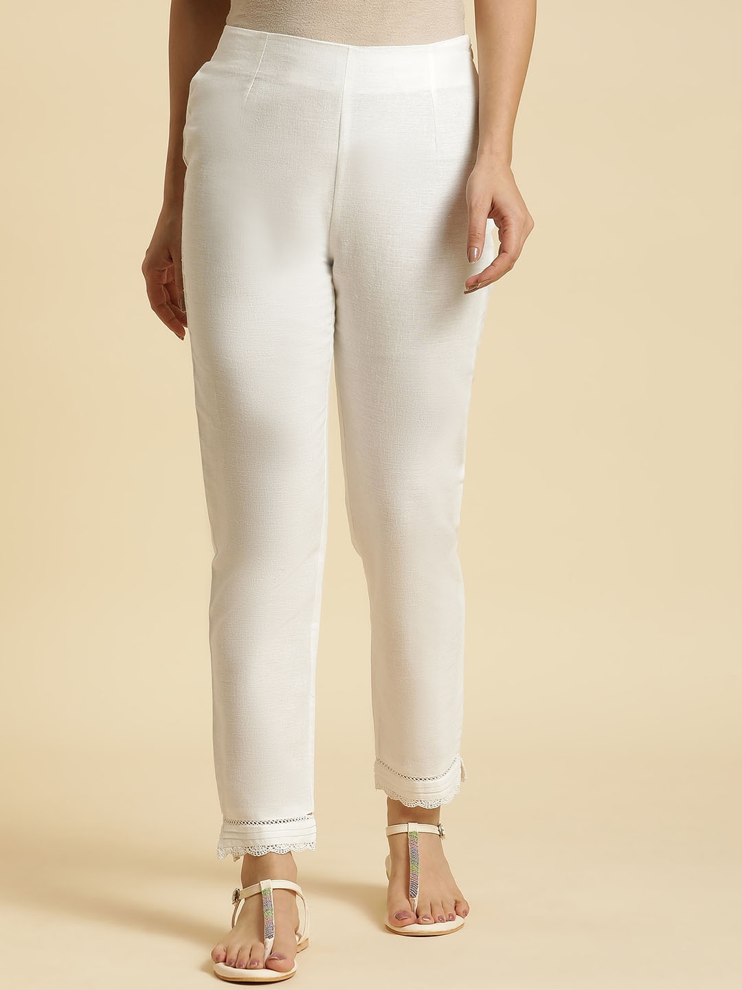 

W Straight Fit Mid Rise Cotton Parallel Trousers, Off white