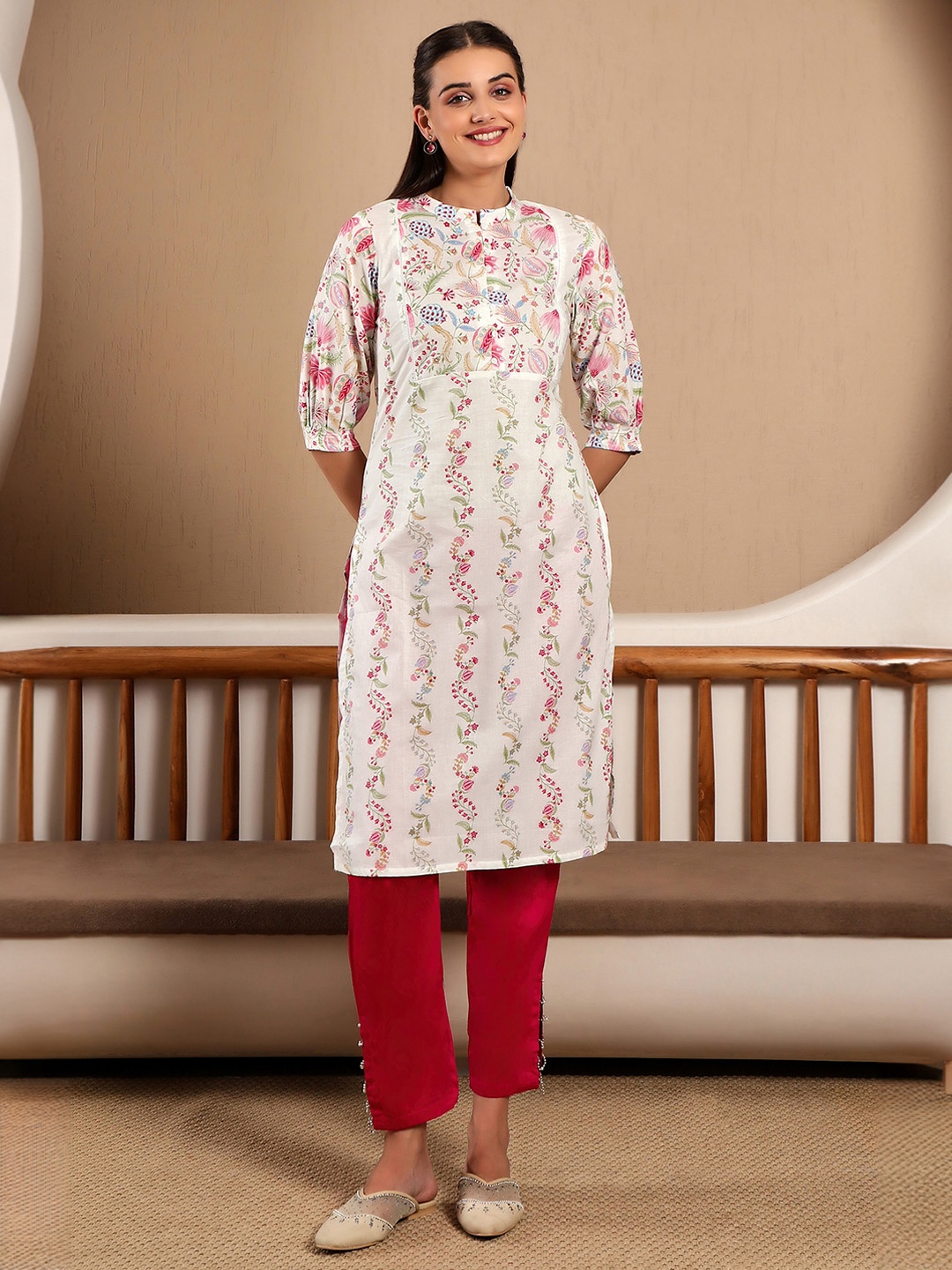

W Floral Printed Cuffed Sleeves Cotton Regular Kurta, White
