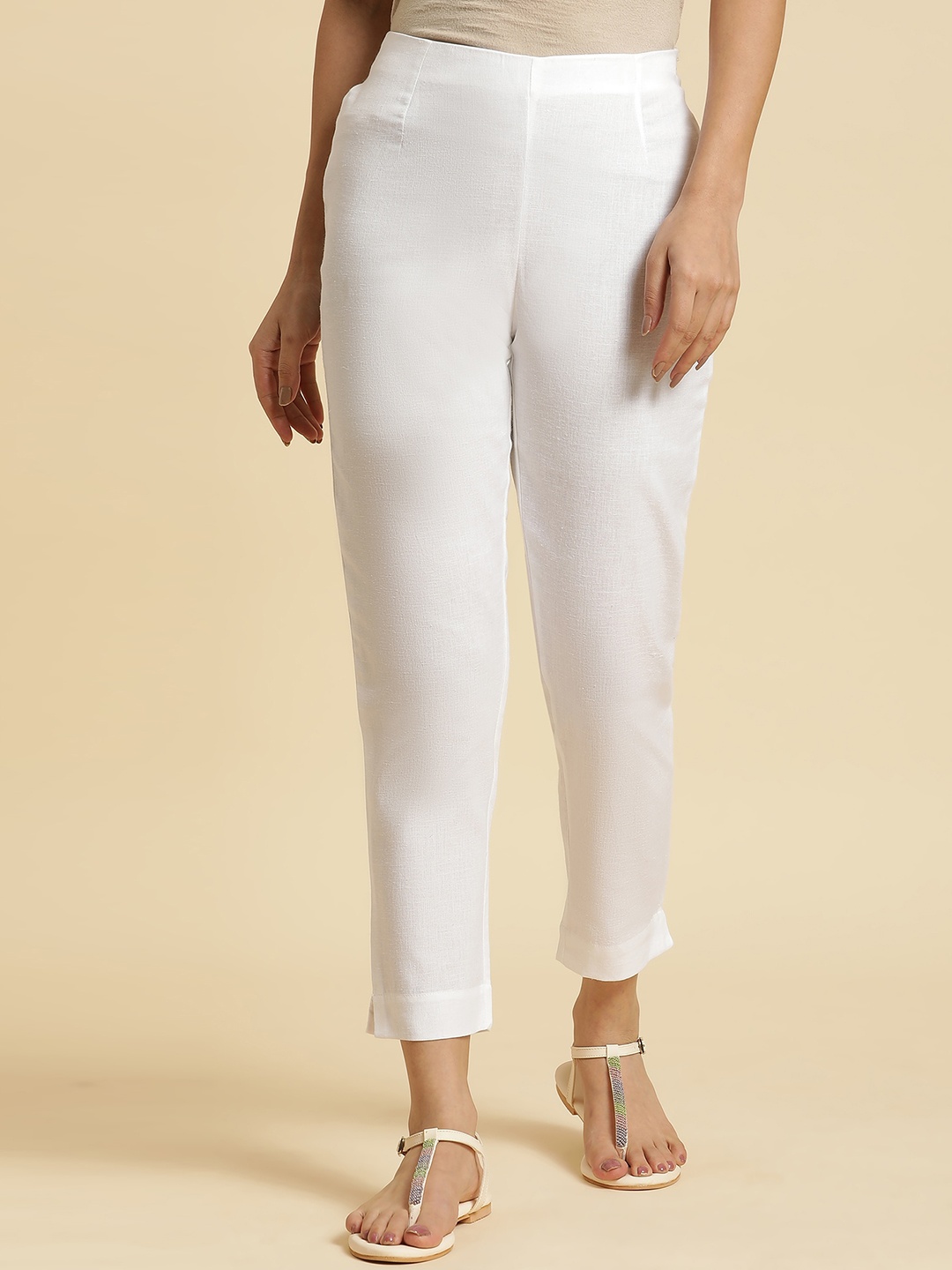 

W Women Straight Fit Crop Trousers, Off white