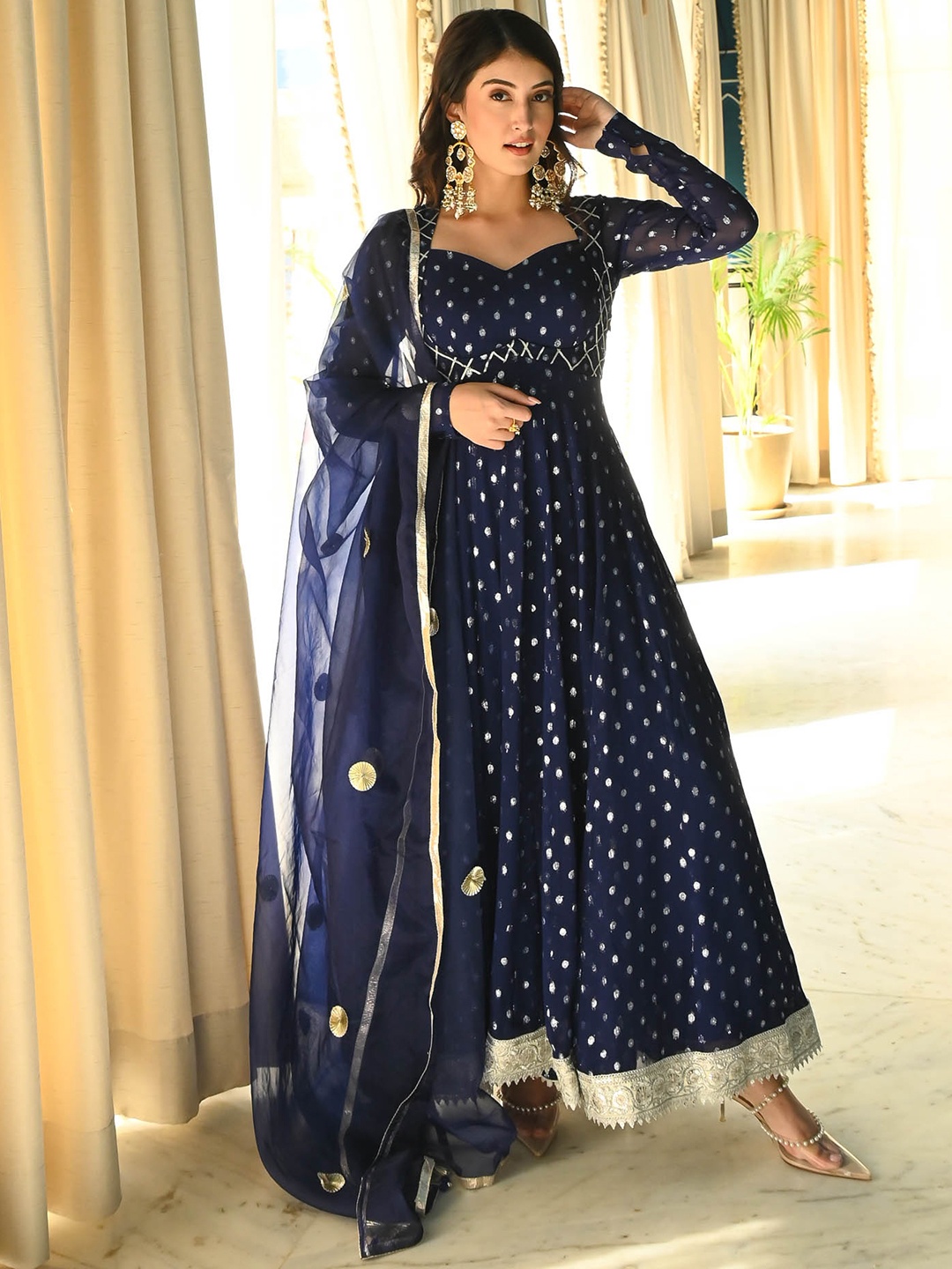 

Urbanstree Embroidered Gotta Patti Kurta With Trousers & Dupatta, Navy blue