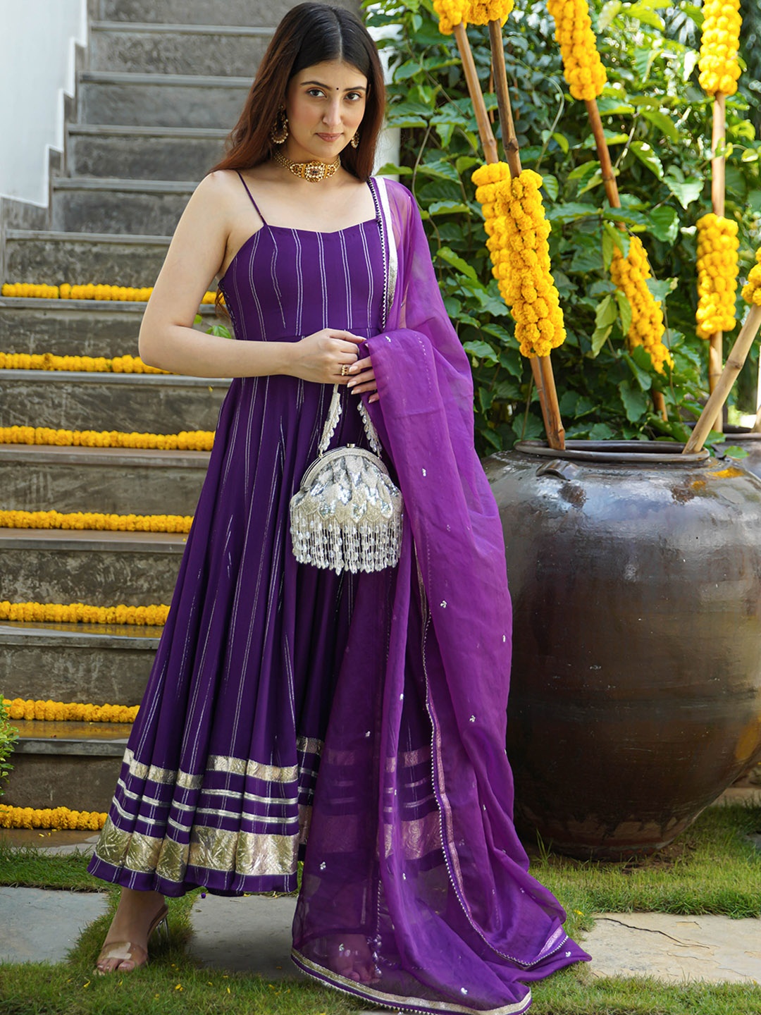

Urbanstree Striped Regular Gotta Patti Kurta & Trousers With Dupatta, Purple