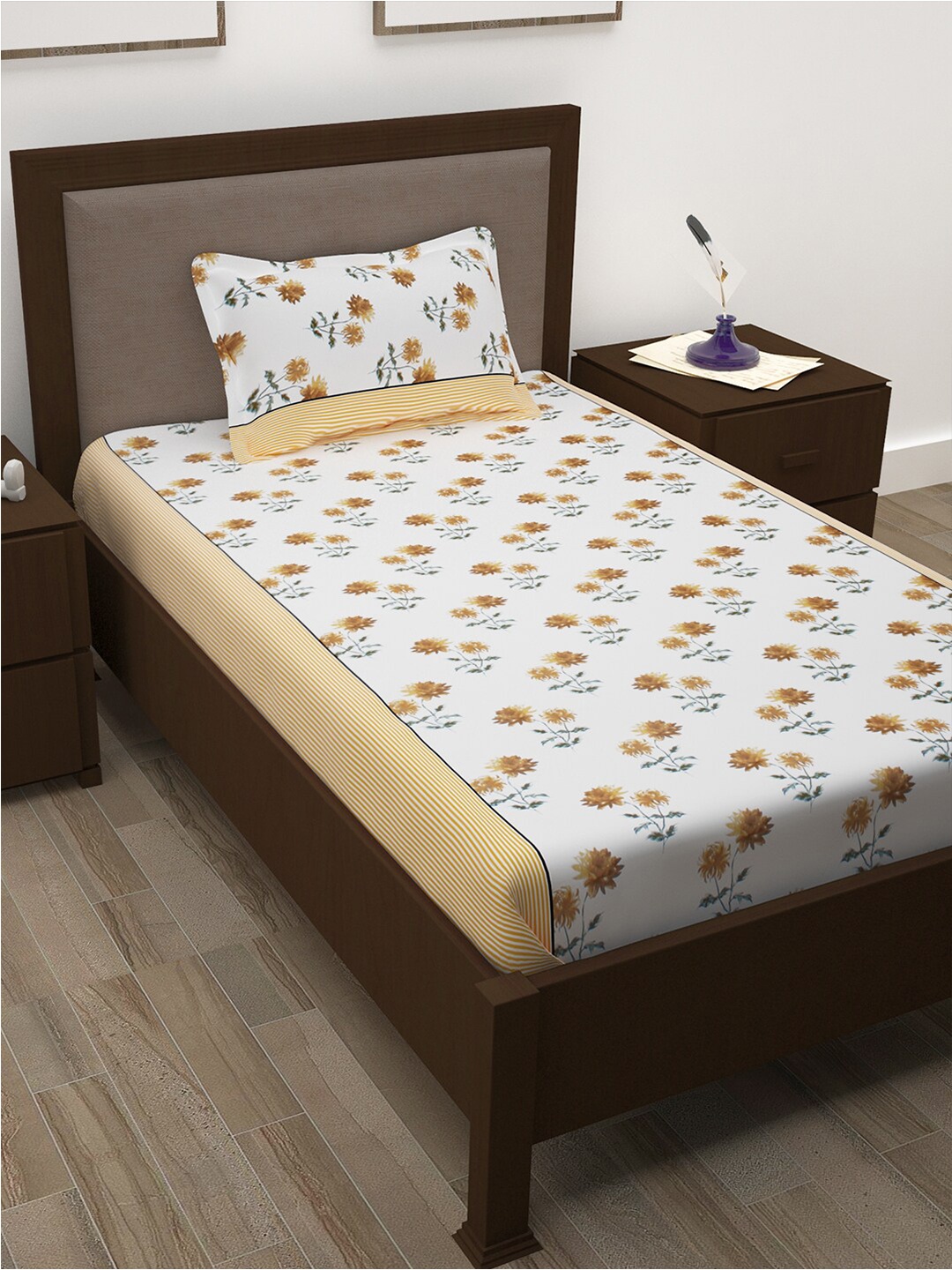 

Story@home White & Brown Floral Cotton 144 TC Single Bedsheet with 1 Pillow Cover