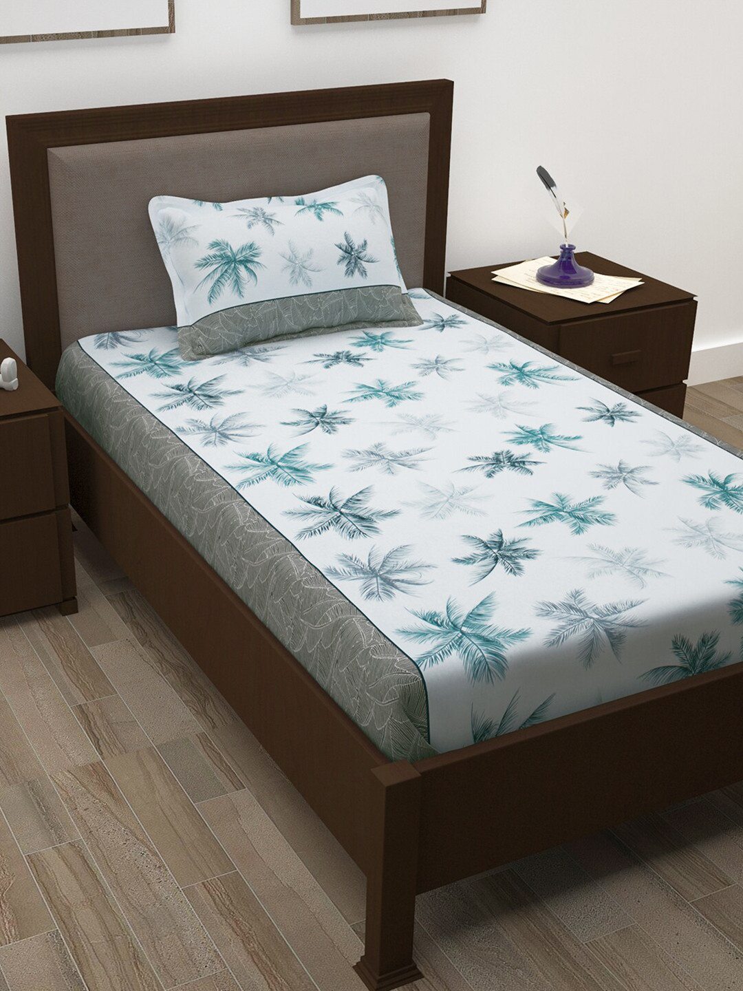 

Story@home White & Teal Green Tropical Cotton 144 TC Single Bedsheet with 1 Pillow Cover